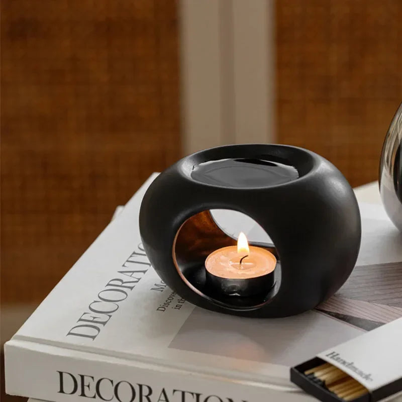 PDQ Modern Ceramic Black Speckled Dots-White Round Shaped Heating Aromatherapy Oil Plate Hallow-Out Tea Light Candle Holders