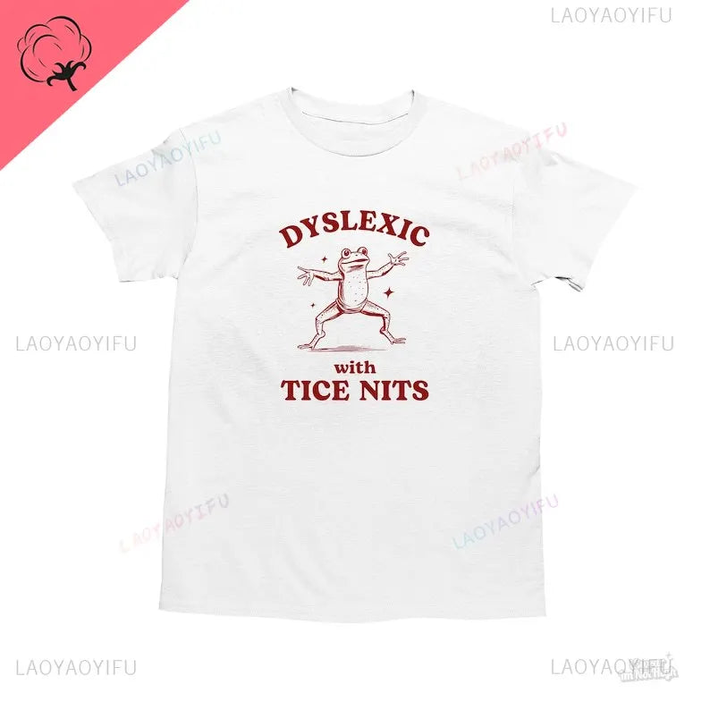 LAOYAOYIFU Men Customized Printed Round Neck Dyslexic Tice Nits Funny Cartoon Dyslexia Frog Pull-On Short Sleeve Broadcloth Moisture Wicking Cotton Fabric T-Shirts/Colors-White/Black/Red/Sizes XS-3XL