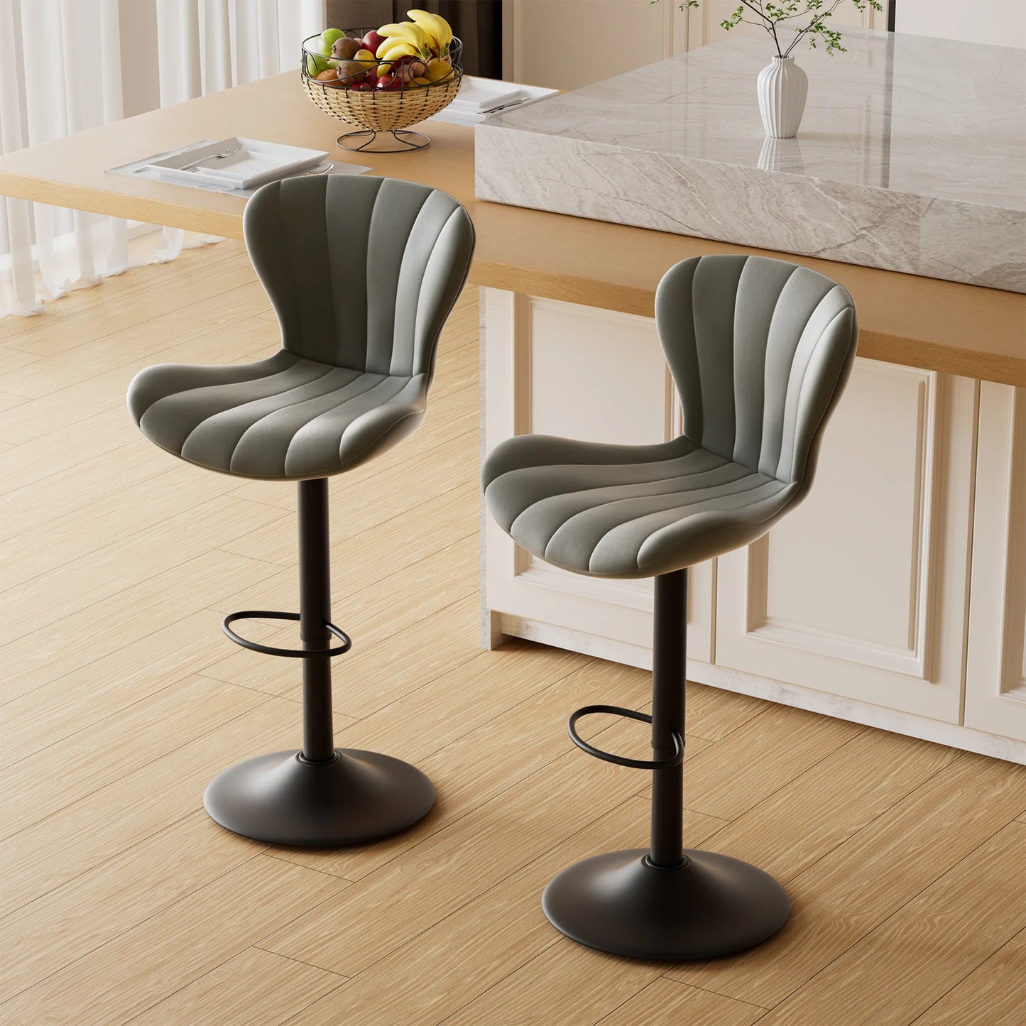 No-EN-Name-Null 2 PCS Waterproof Low Backrest Armless Upholstered Padded Shell Shaped Soft Faux Leather Fabric Seat Cushion Black Metal Round Base-Footrest Bar Kitchen-Dining Room Chair Sets /Colors-White/Beige/Gray/Black/Brown