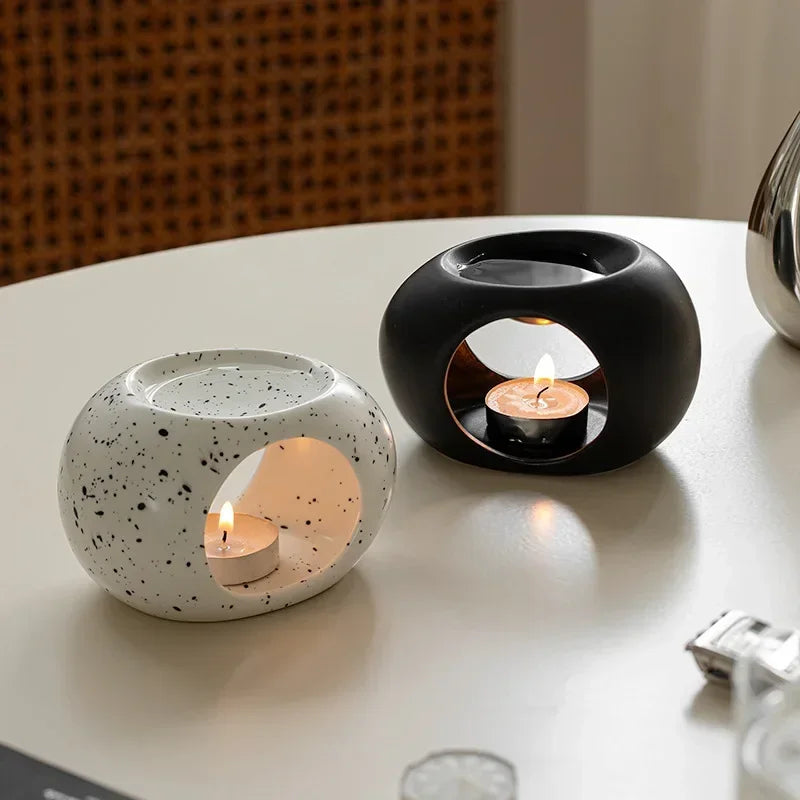 PDQ Modern Ceramic Black Speckled Dots-White Round Shaped Heating Aromatherapy Oil Plate Hallow-Out Tea Light Candle Holders