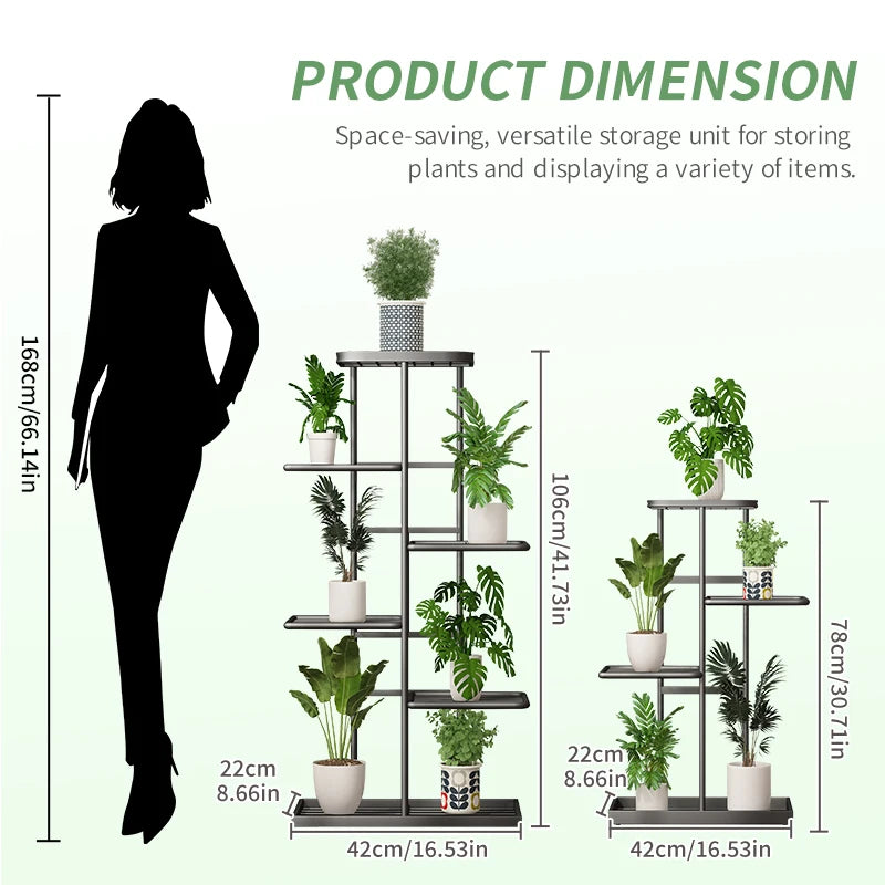 MTSHINING Wood 8 Tier Multi-Layered Shelves Iron Metal Plant Stands/Colors-Black/White,/Brown