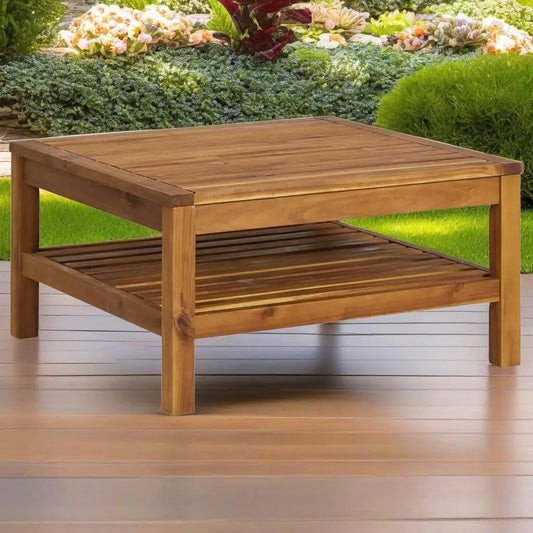 3-Piece Solid Brown Acacia Wood Patio Lounge Set w/ Cream White Cushions/