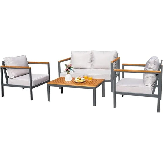 4 Piece Beige Patio Furniture Set w/Solid Wood Armrest/ Anti-Drop Table Top/Thick Waterproof Cushion/One Size