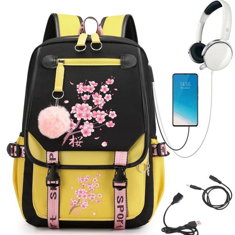No-EN-Name-Null Women Black-Pink Cherry Blossoms External Double Front Pockets Multicolor Canvas Fabric Curve Back Metal Zipper USB Charging Nylon Lining Detachable S-Shaped Shoulder Straps-Handle School Backpacks/One IPAD Compartment/Side Pocket