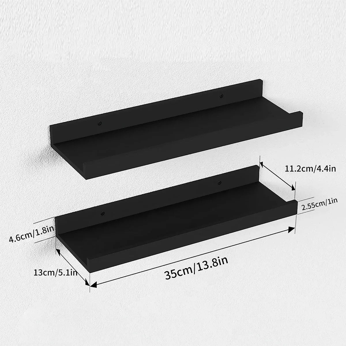 PDQ Modern 2 PCS Non-Folding Black Rectangle Shaped Wall-Mounted Wood Floating Shelves-Ledges /Colors-Black/White/Size: 35cm W x 13.8inch W
