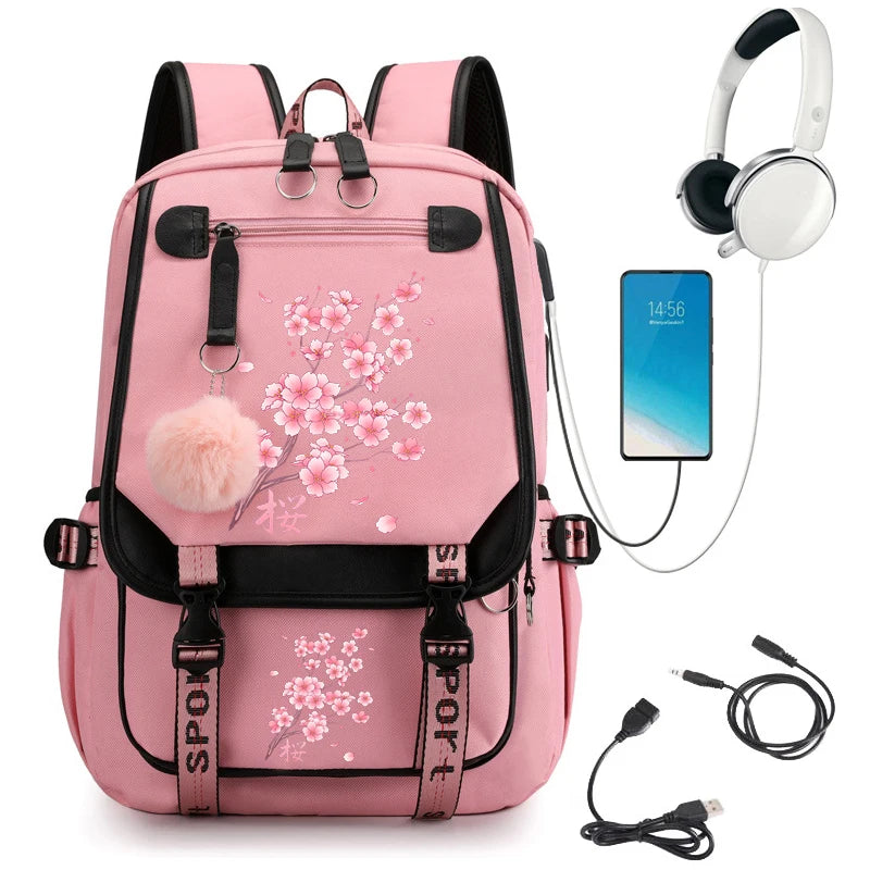 No-EN-Name-Null Women Black-Pink Cherry Blossoms External Double Front Pockets Multicolor Canvas Fabric Curve Back Metal Zipper USB Charging Nylon Lining Detachable S-Shaped Shoulder Straps-Handle School Backpacks/One IPAD Compartment/Side Pocket