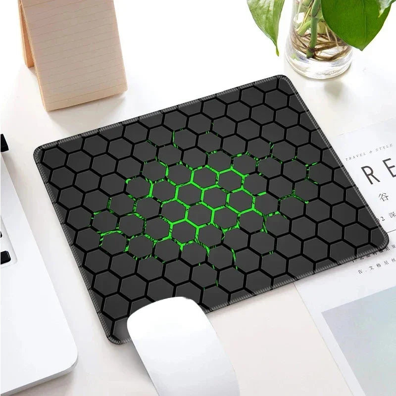 MAIRUIGE Small Waterproof Geometric Black Hexagon-Rectangle Shaped Durable Stitched Edges Soft Smooth Fabric Surface Non-Slip Rubber Base Gaming Mouse Pads