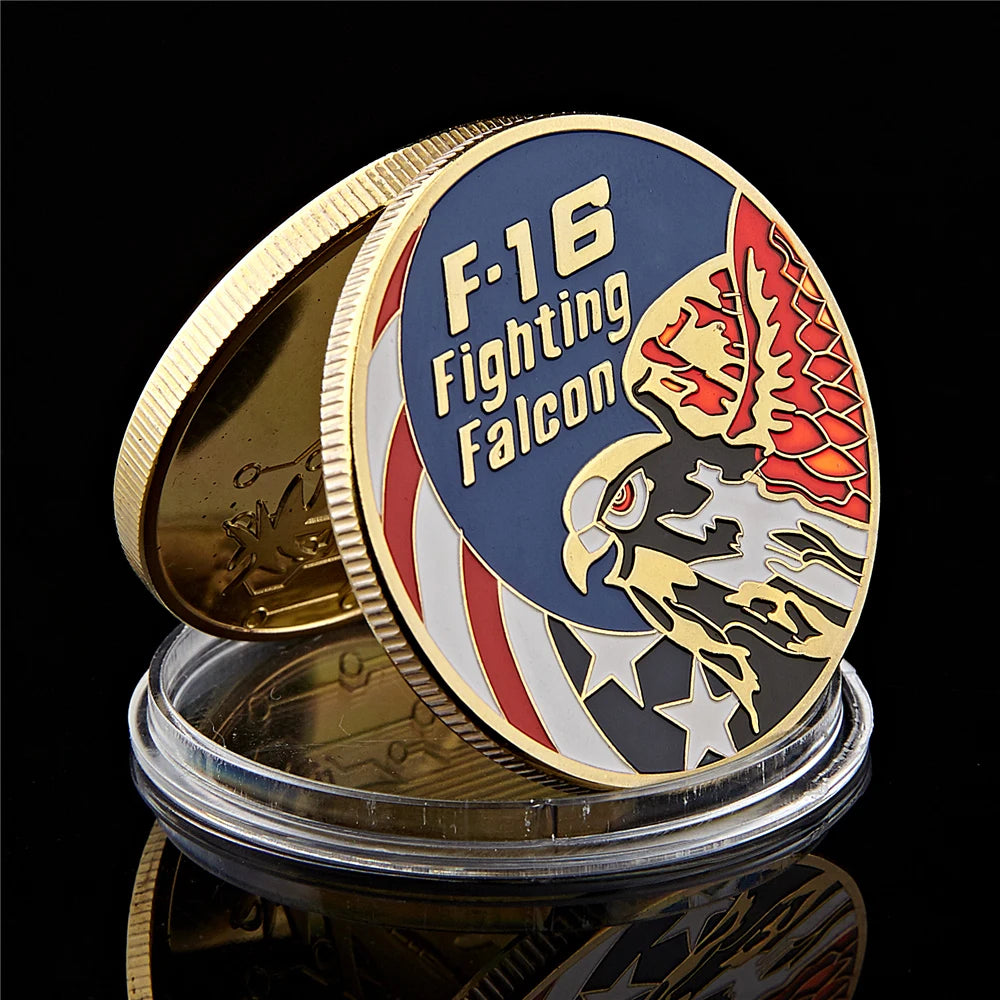 SMJY Uncirculated Mint Red-White-Blue American Gold-Silver Coins US F-16 Fighting Falcon Military USA Air Force United States-China Commemorative Coins/Colors-Silver/Gold/Multicolor/Red/White/Blue
