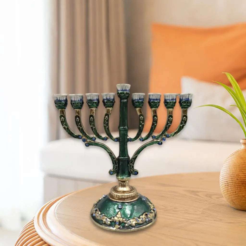 No-EN-Name-Null Antique Hand-Painted Bejeweled Menorah Jewish Nine Floral Branch Enameled Metal Candelabras/Colors-Green/Blue/Floral