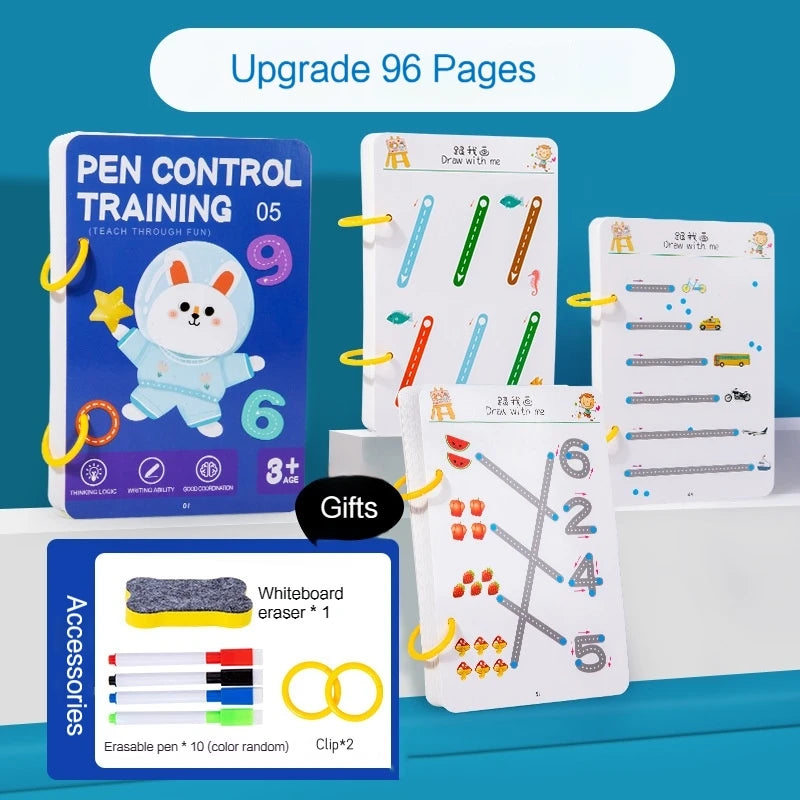 BORRENCE Kids Four Themes Plastic Early Education Fun Magical Pen Control Exercise Practice Tracing Reusable Interactive Reading Geometric Multicolor Cardboard Copybooks Reading Toys /Ages: 3 Years Old-Older