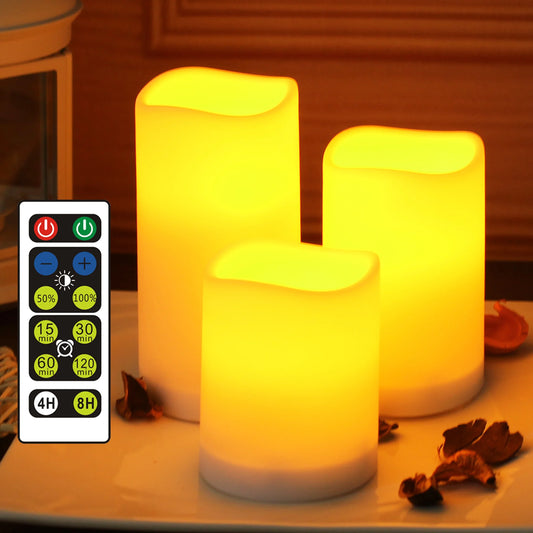 3 PCS Set Plastic Adjustable Brightness Flameless Flickering LED Round Cylindrical Candles/ Weatherproof Resin Remote Control/ 3-AAA Batteries-Not Included/Colors-Yellow/White