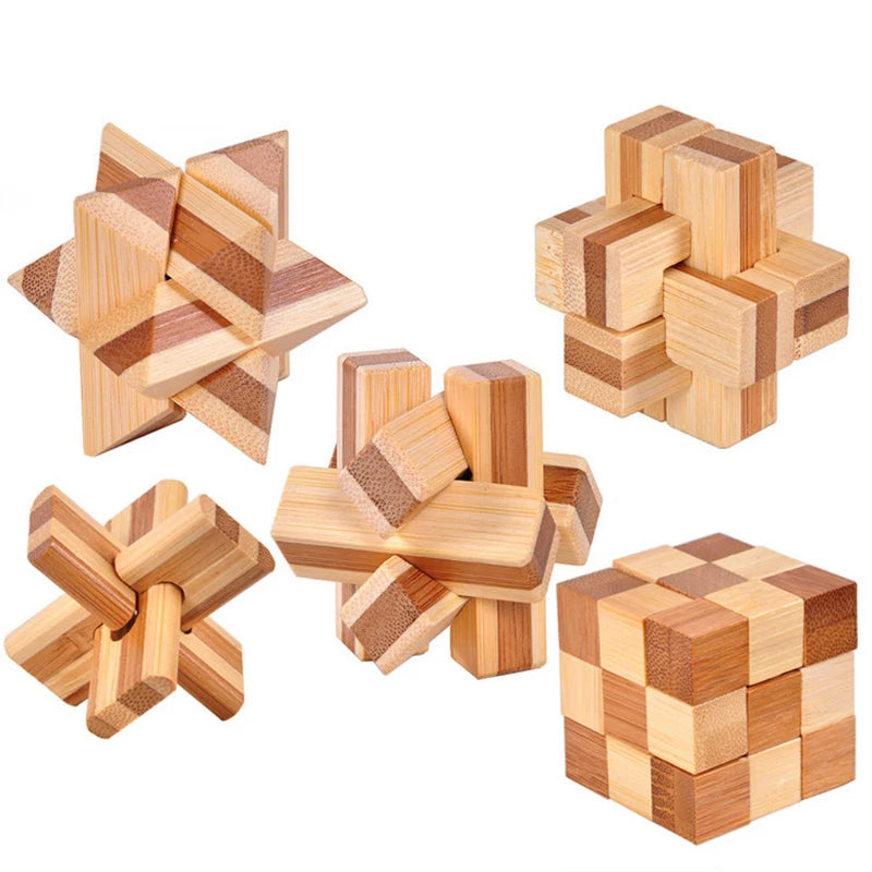 OLOEY Teens-Adults Kong Ming Lock Medium Hard Geometric Shaped 3D Disentanglement Brown-Beige Solid Bamboo Wood Brain Teaser Mechanical Puzzle Toys/Ages: 13-18 Years Old + Older/Colors-Brown/ Beige/Geometric