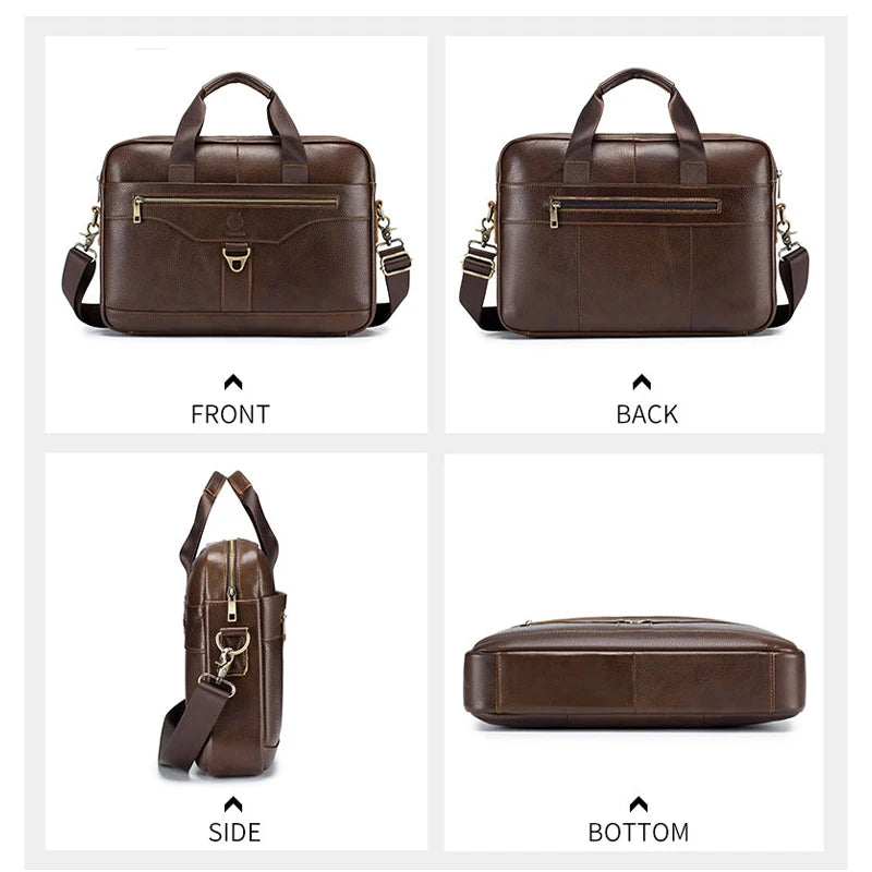 SCHLATUM Men Brown-Black Cowhide Leather Rectangle Shaped Two Handles-One Shoulder Strap Silver Metal Zipper Polyester Lining 15.6 Inch Single Laptop Compartment Briefcases /Colors-Black/Brown