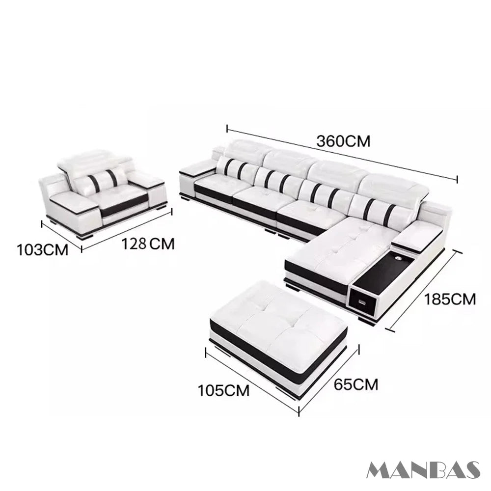 MANBAS Modern Adjustable Headrest L-Shaped White-Black Trim Italian Soft Genuine Leather Cushion Corner Couches/ Bluetooth Speaker/ USB Port/Cup Holder