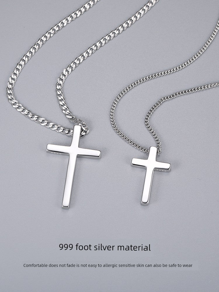 European Unisex Couple's Sterling Silver Metal Cross Pendant Fine Imitation Vera Chain Necklaces