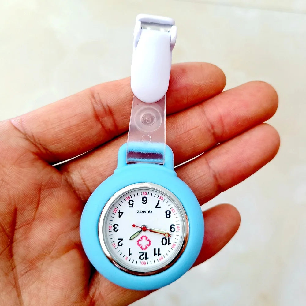 No-EN-Name-Null Adults Waterproof Quartz Analog Display Nurse-Doctors Glass Face Round Metal Alloy Case Red Silicone-Rubber Covered-Straps Arabic Numeral Clip-On Fob Pocket Watches /Colors-Pink/Red/White/Black/Purple/Light Blue/Blue