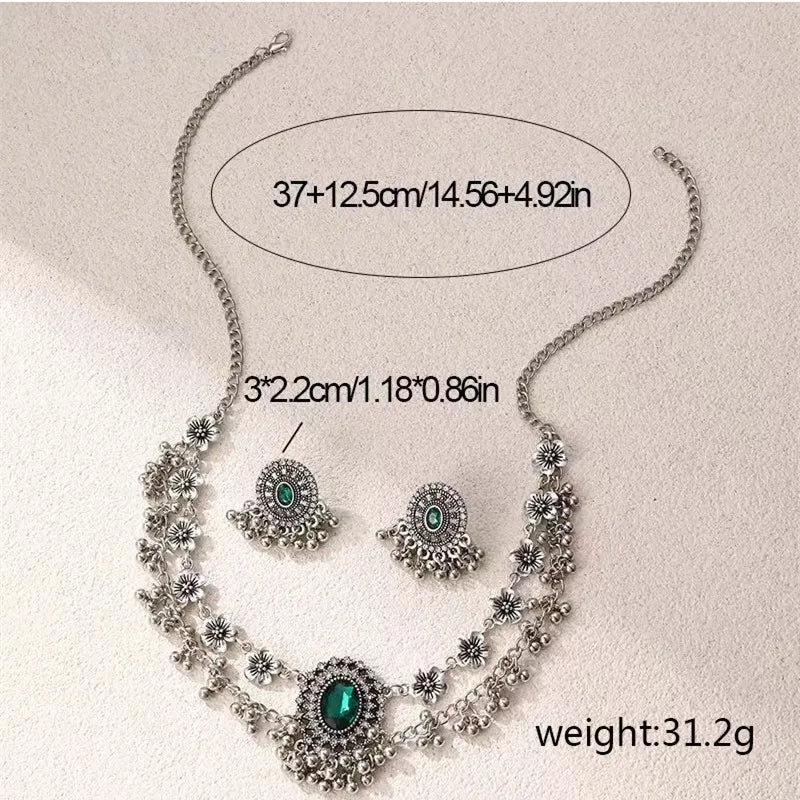 No-EN-Name-Null Women Imitation Geometric Ethnic Small Crystal Beads Decorative Floral Metal Alloy Necklace-Earrings Jewelry Set/Colors-Gold/Silver/Floral/Geometric