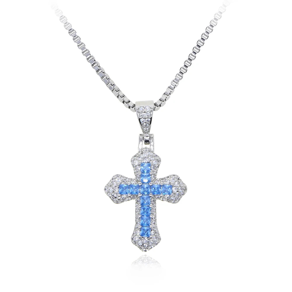 ATJMLADY Unisex Fine Imitation Silver-Plated Stainless Steel-Copper Metal Shiny Clear White-Multicolor Small Cross Pendant Box Link Chain Necklaces/Colors-Pink/Purple-Black/Multicolor/Sliver/Blue