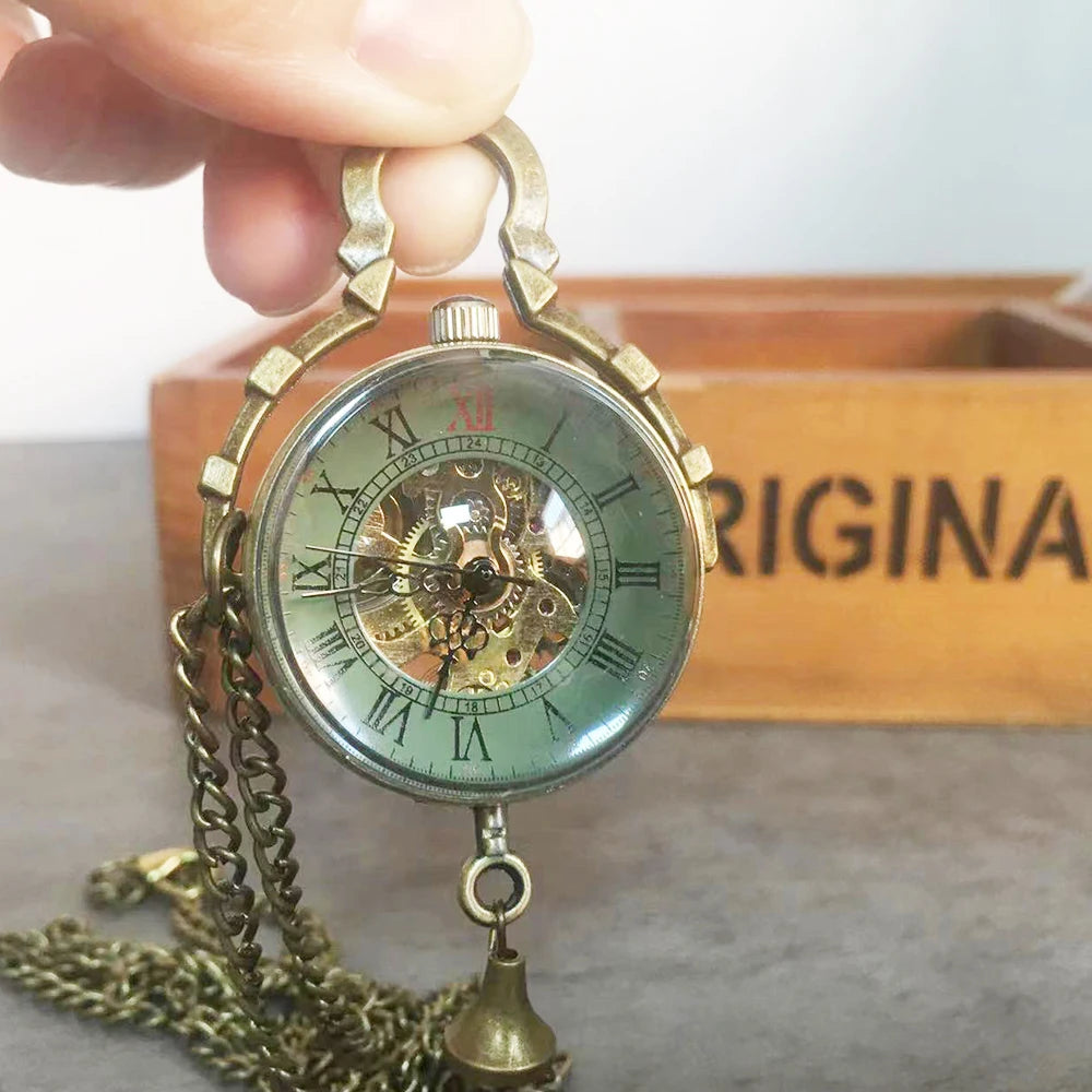 GORBEN Adults Unisex Antique Gold Round Shaped Analog Display Hand Winding Stainless Steel Metal Clear Transparent Eyeball Roman Numeral Mechanical Tassel Chain-Pocket Watches