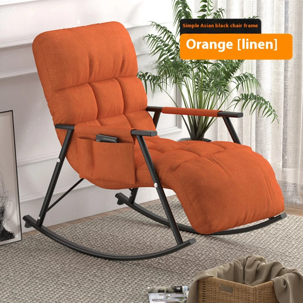 No-EN-Name-Null Modern Indoor-Outdoor Waterproof Five Gears Height Adjustments Linen-Velvet Soft Faux Leather Fabric Anti-Tipping Foldable Reclining Lazy Black Metal Frame Rocking Chairs/Colors-Beige/Orange/Gray/Side Pockets