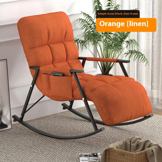 No-EN-Name-Null Modern Indoor-Outdoor Waterproof Five Gears Height Adjustments Linen-Velvet Soft Faux Leather Fabric Anti-Tipping Foldable Reclining Lazy Black Metal Frame Rocking Chairs/Colors-Beige/Orange/Gray/Side Pockets