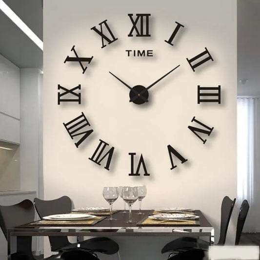 European Large Round DIY EVA Self-Adhesive Single Face Metal 3D Acrylic Mirror Digital Roman Numeral Quartz Wall Clocks/Colors-Geometric/Black/Silver/Gold