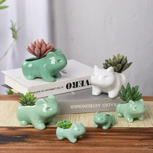 No-EN-Name-Null Creative Mini Glazed Porcelain Ceramic Cute Cartoon Green POKEMON Design Desktop  Succulent Flower Pots
