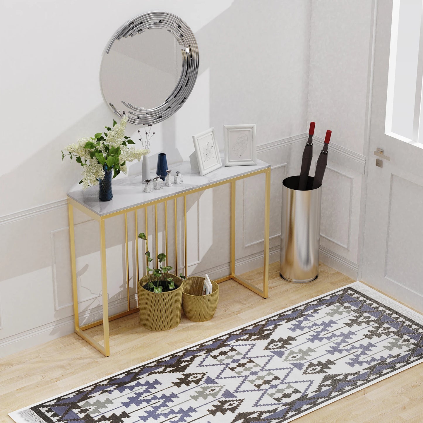 BINGOPAW Modern Nordic Rectangle Shaped Narrow Sintered White Marble Top-Gold Metal Frame Entryway Console Tables/Colors-White Tops/Gold-Black Metal Frame/Size: 39.4 x11.8 x30.9 Inch