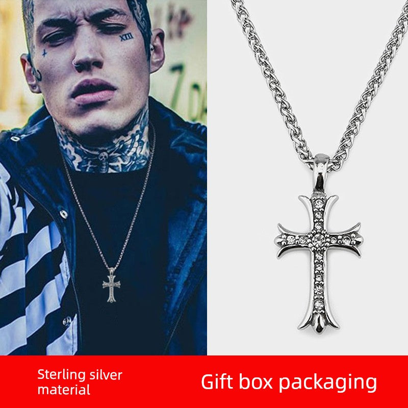 Men Fine Imitation Sterling Silver Clear White Shiny Diamond-Like Stones Cross Pendant Necklaces