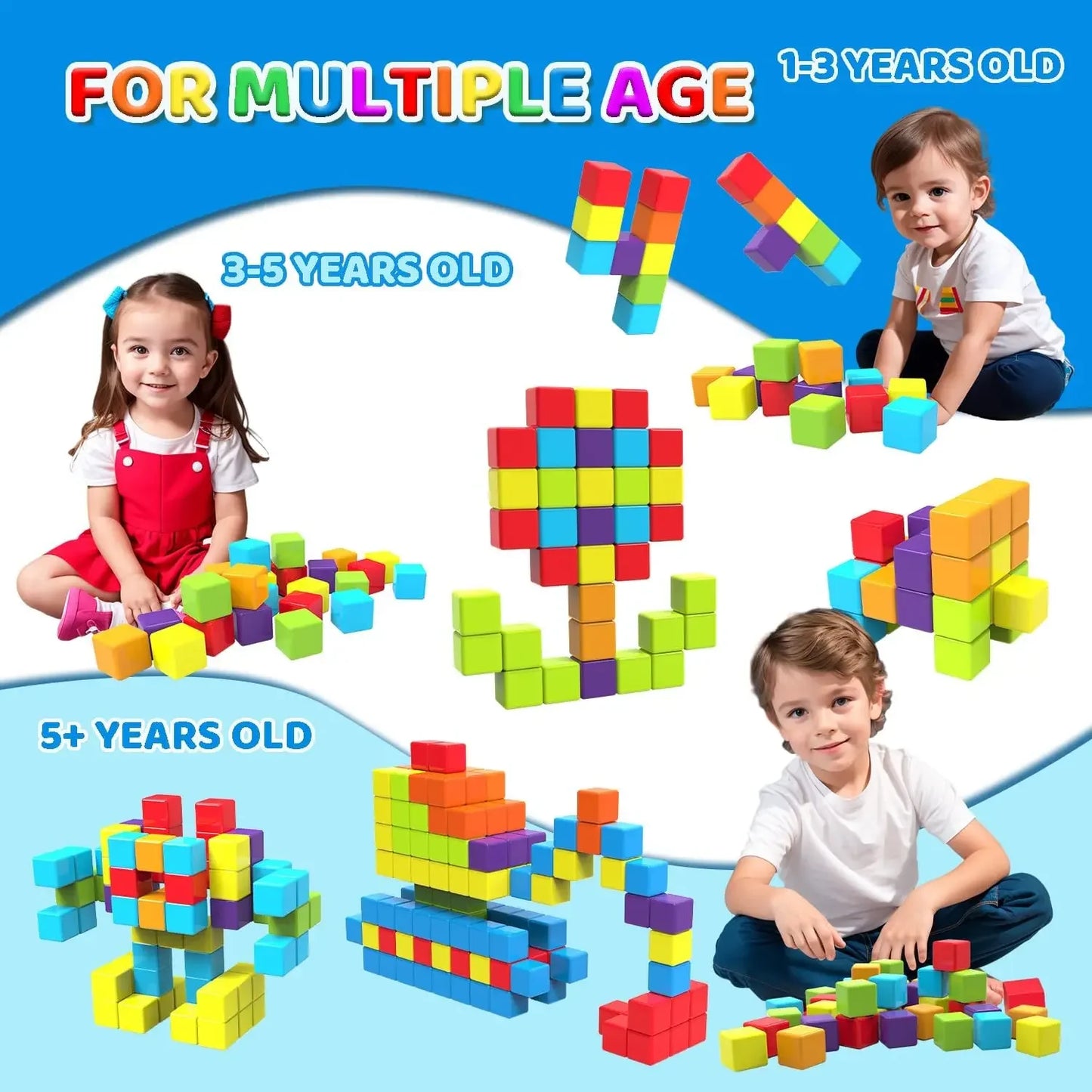 No-EN-Name-Null Kids Non-Toxic Multicolor Plastic Square Shaped Strong Magnetic Micro Building Smooth Edges Blocks Construction Set Toys/ Colors-Red/Multicolor/Ages: 3-18 Years Old-Adults