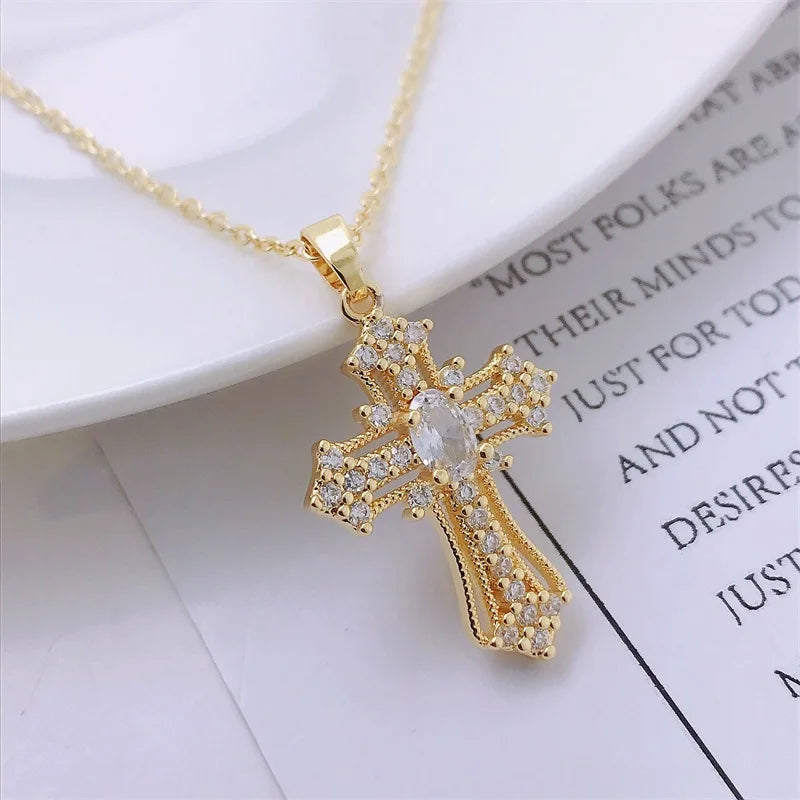No-EN-Name-Null Women European-American Stainless Steel Gold-Plated Metal Imitation Jewelry O-Chain Shiny Clear White Diamond-Like-Multicolor Gemstones Large Punk Cross Pendant Necklaces/Colors-Multicolor/Clear/Pink/Gold/Geometric