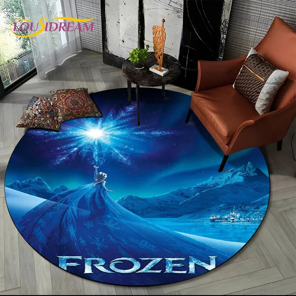 MINISO Indoor-Outdoor Kids Blue Background Round Shaped DISNEY'S Frozen II Movie Cartoon Anime Princess Elsa-Anna-Olaf Design Skid-Proof Bottom Polyester-Flannel Rugs/Colors-Blue/Red/Black/White
