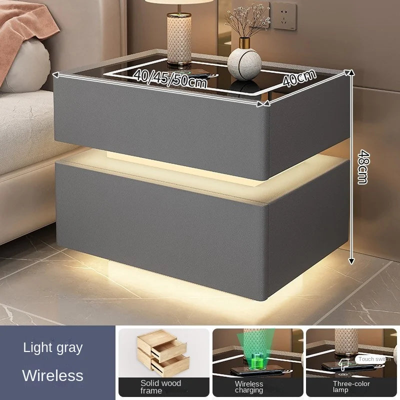 OMGD Modern Dark Gray Square Shaped Scratch-Resistant Black Glass Top Smart Touch Sensing-Password Lock Design Quick Wireless Charging-Listening Bottom Hidden Bluetooth Audio Speaker Lighted Solid Wood Nightstands/ Colors-Dark Gray/Light Gray/Khaki/White