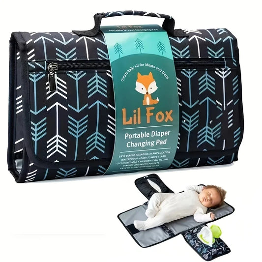 Waterproof Lil Fox Memory Foam Pillar Newborn Babies Portable Foldable Traveling Changing Pads/ Handle/Zipper Pockets For 5 Medium Diapers/ Pocket For Wipes/ Strong Hook-Loop /Colors-Blue Arrow Design /Black/Dots/Geometric