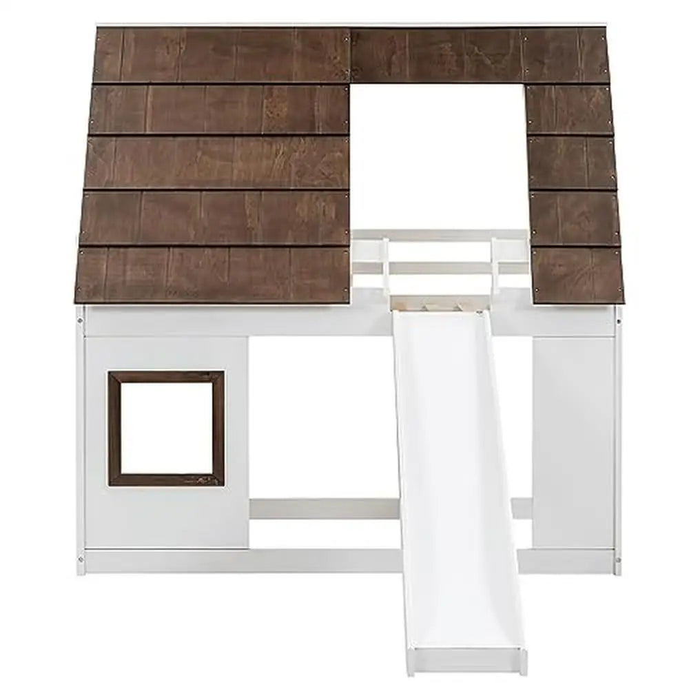 DUTRIEUX Modern Rustic Painted White-Brown Pine Wood Playhouse Shaped Framework Ladder On The Side Slide In Front Twin Low Bunk Beds-Bed Frames Sets /Weight Max: 400 LBS/Slats Included