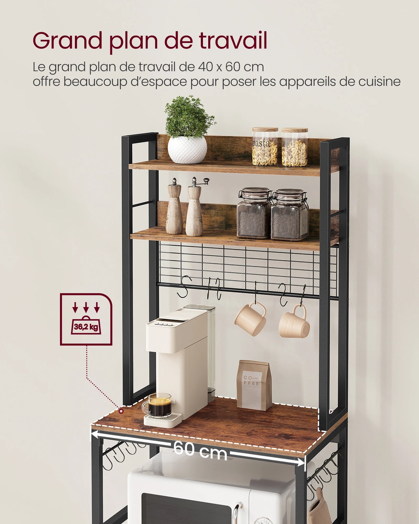 VASAGLE Kitchen-Dining Room Free-Standing Steel Metal Framed Pressed MDF Wood Storage Shelves Microwave Cabinets /Mesh Panel/ 14 Hooks /Colors-Brown/White/Black