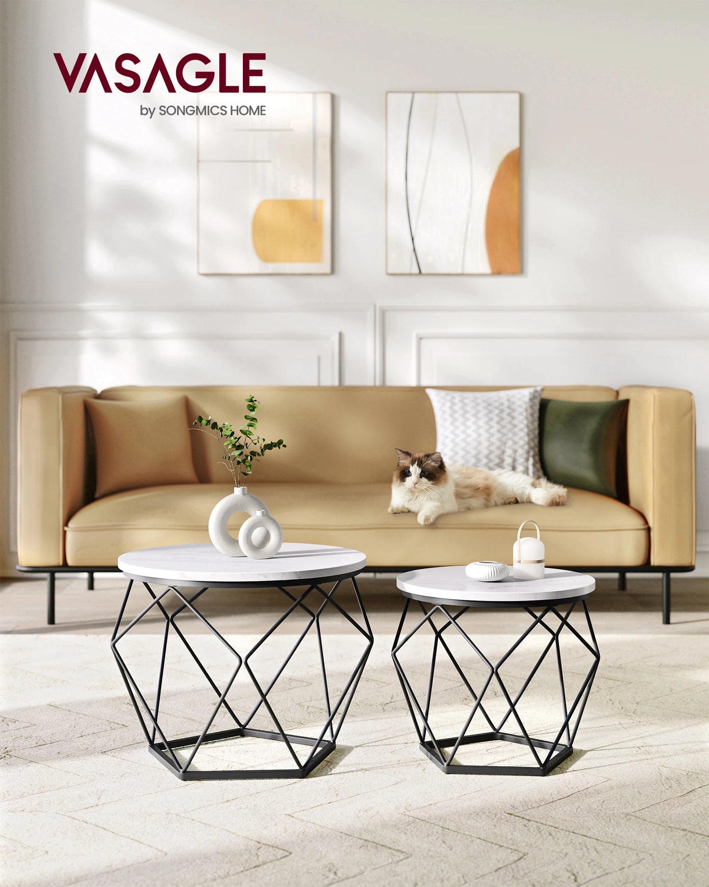 VASAGLE 2 PCS Modern Round Shaped White Marble Top Black Veins Black Steel Frame Coffee Tables Sets /Big Table: 50cm D x 40cm H/Small Table: 40cm D x 36cm H/Weight: 20kg