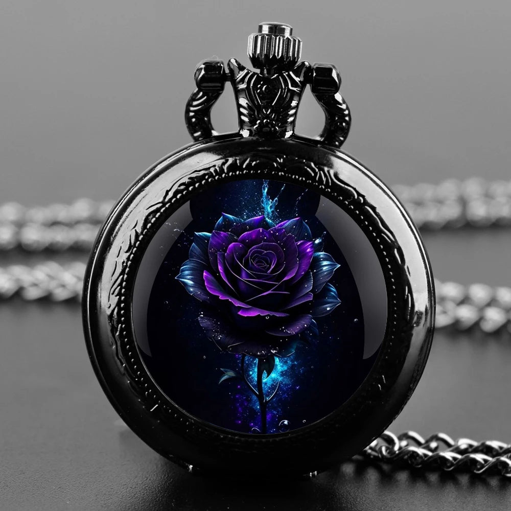 SHUHANG Adults Antique Quartz Digital Display Black Round Shaped Stainless Steel Metal Case Acrylic Face Painted Red Rose Green Leaves Design Black Chain-Pocket Watches
