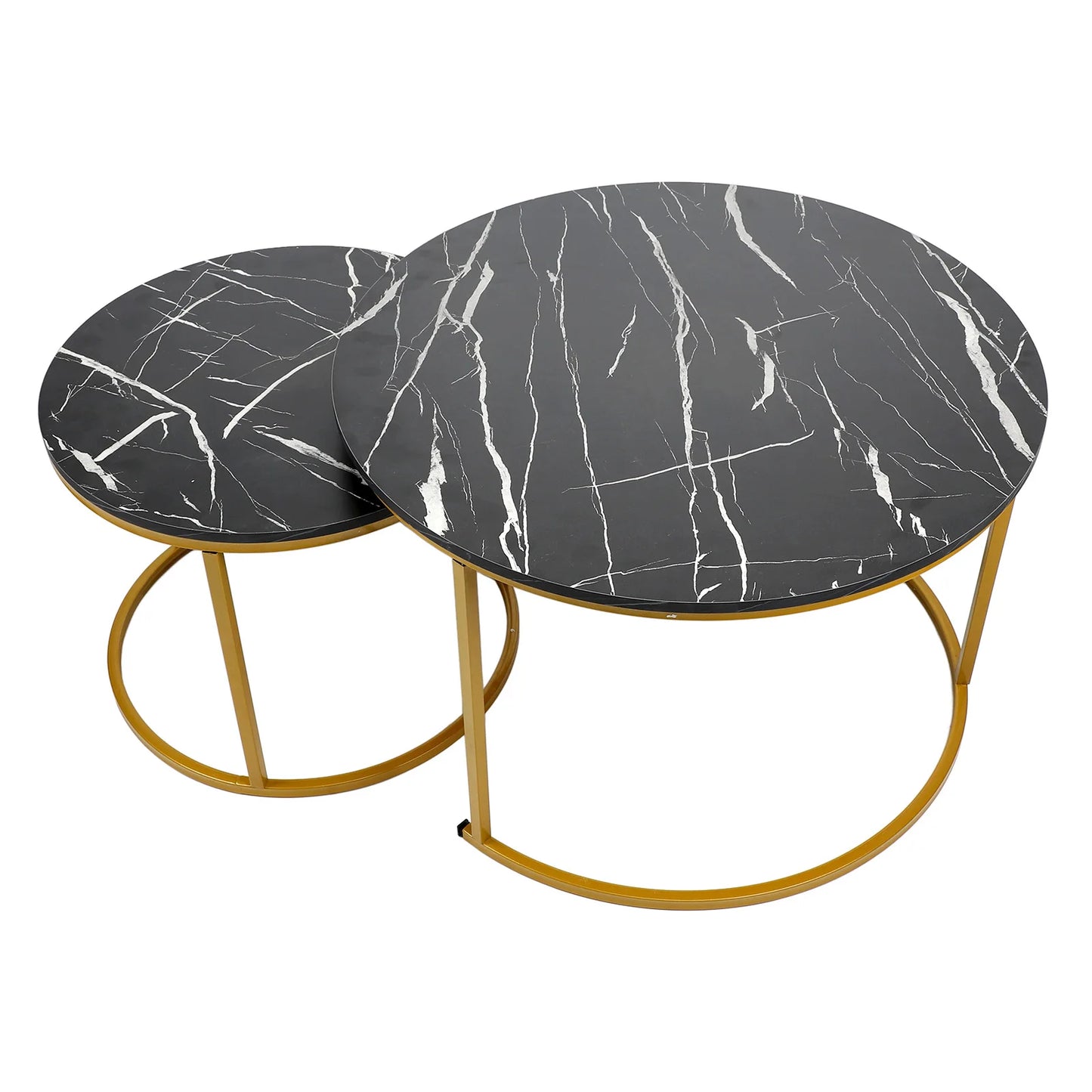TOPINCN Modern 2 PCS Round Black Marvel White Grain Top Gold Metal Circle Frame Interlocking Stacking Coffee Table Sets/Colors-Black