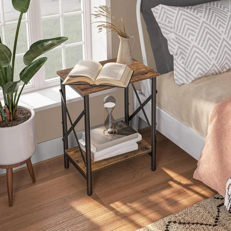 OEING 2 PCS Industrial Design Brown Wood Top Black Iron Metal Frame Adjustable Feet End Table Sets/ 1 Storage Shelf/Dimensions: 10.6"D x 14.6"W x 19.9"H/Colors-Rustic Brown Black-2/Greige-2