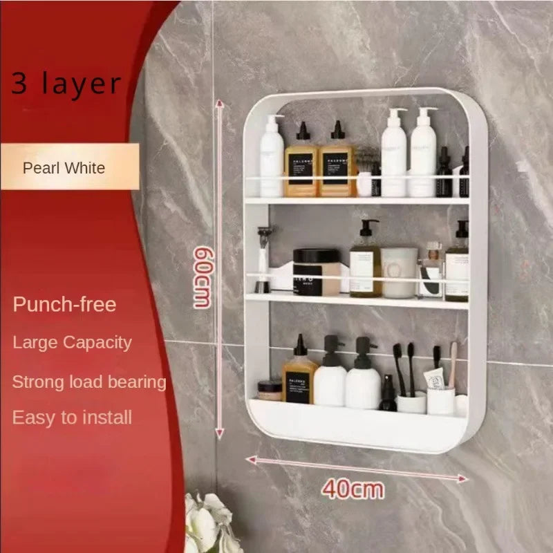 No-EN-Name-Null Modern White-Black Round Corners Vertical Rectangle Steel Metal Four Glass Shelves With Fence Bathroom Wall-Mounted Caddies/Ventilate-Drains