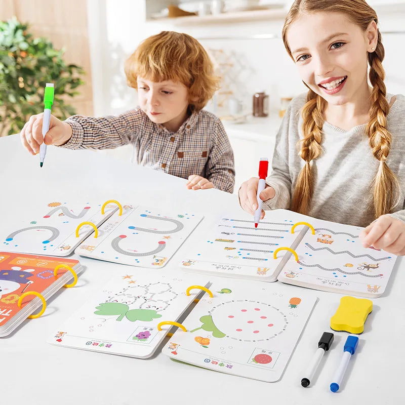 BORRENCE Kids Four Themes Plastic Early Education Fun Magical Pen Control Exercise Practice Tracing Reusable Interactive Reading Geometric Multicolor Cardboard Copybooks Reading Toys /Ages: 3 Years Old-Older