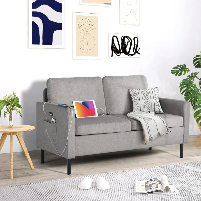 OLOEY Modern Small Two Persons Light Gray Soft Recycled Fine Linen Fabric Round Corners Design Solid Wood Frame Metal Legs Loveseat Sofas/ 2 USB Charging Ports/One-Pocket-Both Side Pockets