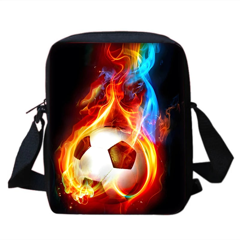 MINISO Kids 3 PCS Large Waterproof Nylon Fabric Zippers Exterior Pockets Printed-Burning Flames Soccer Ball Design Curved Back Shoulder Straps-Handle Sports IPAD Compartment School Backpacks/Color-Black/White/Blue/Multicolor