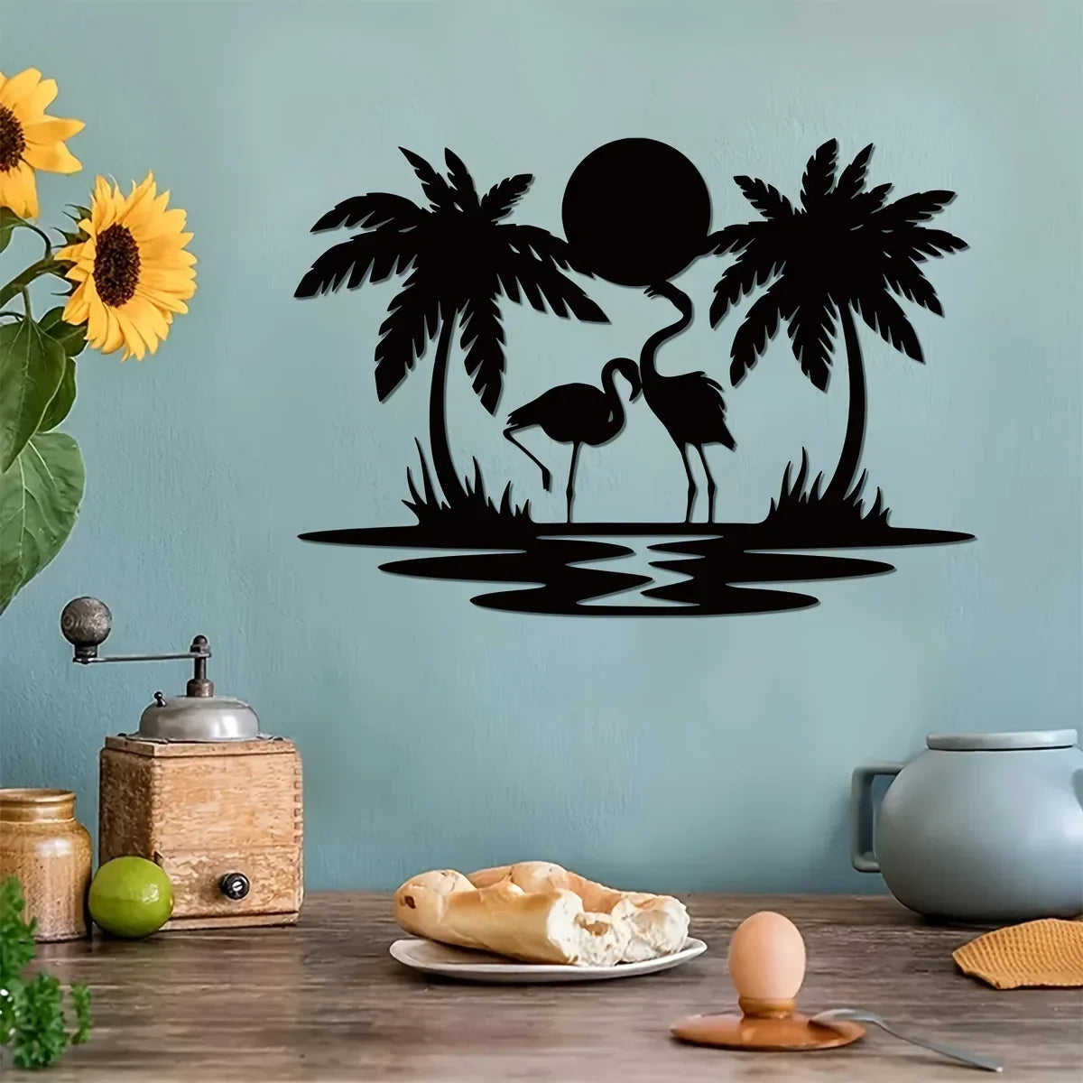 HELLOYOUNG Black Iron Metal Nature Palm Tree-Two Flamingo-Sunset On Water Design Wall Art Novelty Signs/Size: Length 21 cm/8.3 inches/Wide 30 cm /11.81 inches/Colors-Black/Multicolor