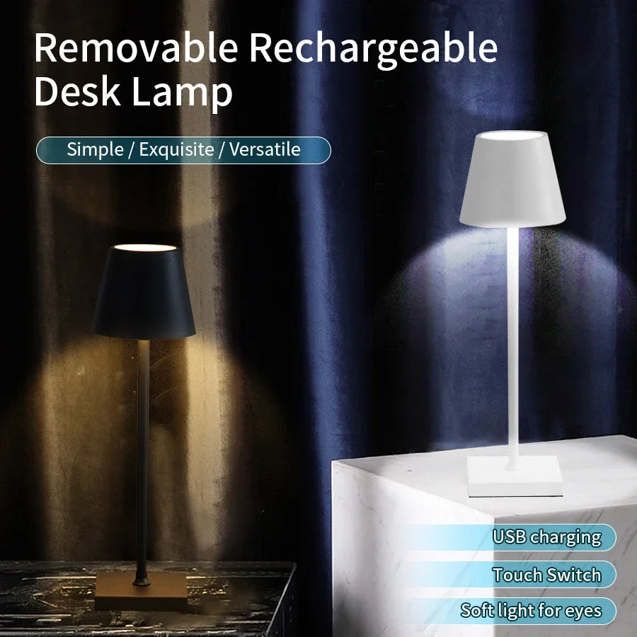 ATCOMM Waterproof Tricolor Stepless Dimming Warm-Cool White LED Lights Black-White Downward ABS Plastic Shade Round Tubular Cylindrical Square Flat Metal Base USB Charging Port Built-In Rechargeable Battery Adjustable Desktop Lamps
