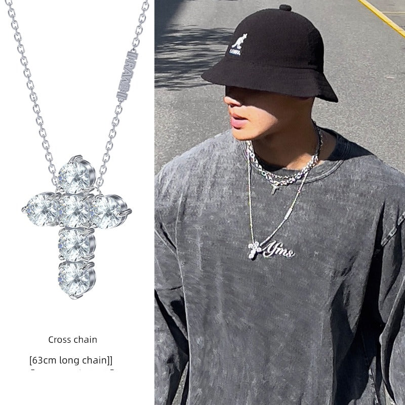 RAWNESS Unisex Couple's Fine Imitation Titanium Steel Metal Gold-Plated BIG Inlaid Artificial Gemstones Multicolor-Clear White Shiny Diamond-Like Moissanite Stones Cross Pendant Chain Hip Hop Necklaces/Colors-Gold/Sliver/Pink/Blue/Clear/White