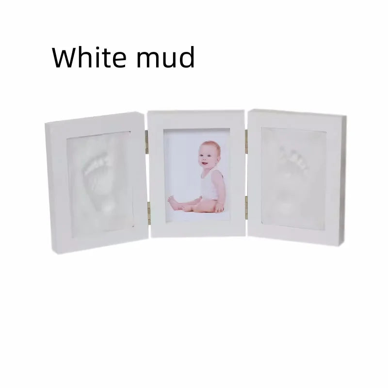 Newborn-3 Years Old White Solid Pine Tri-Fold Ink Pad Creating Hand-Foot In Plaster Of Paris Cement Print Keepsake Photo Frame