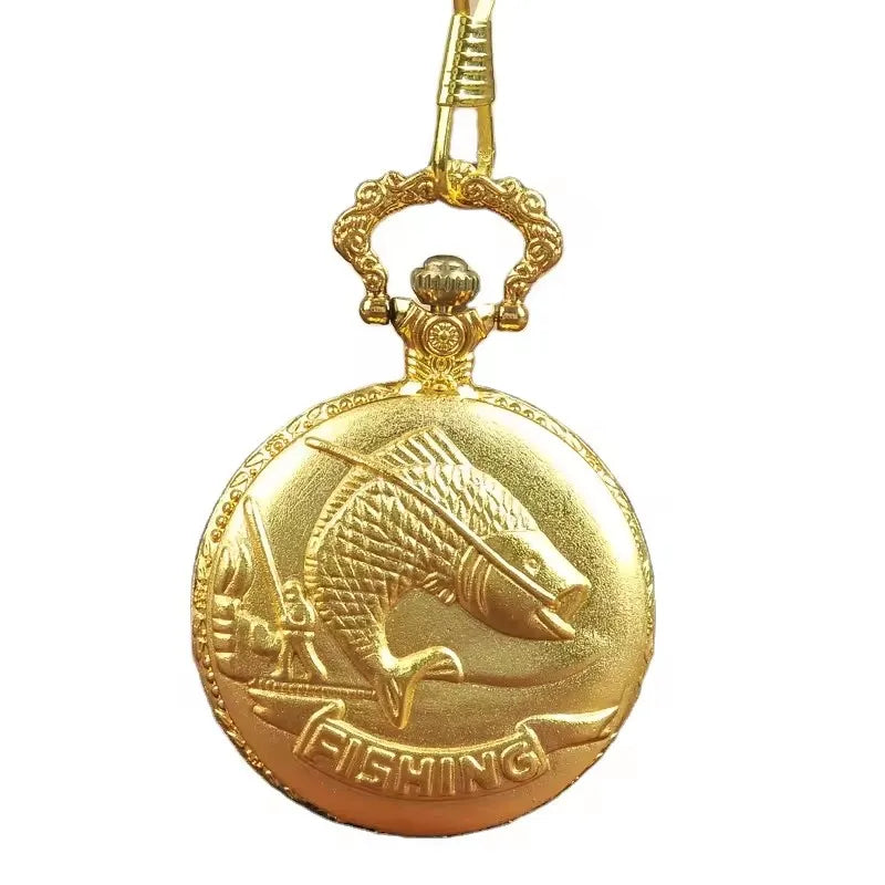 No-EN-Name-Null Adults Antique Quartz Analog-Digital Display Silver-Gold Fisherman Rod-N-Reel Catching A Gold Fish Embossed Text Fishing On Bottom Chain-Pocket Watches/Colors-Yellow/Brown/Orange/Gold/Black/White/Grey/Silver