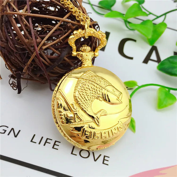 No-EN-Name-Null Adults Antique Quartz Analog-Digital Display Silver-Gold Fisherman Rod-N-Reel Catching A Gold Fish Embossed Text Fishing On Bottom Chain-Pocket Watches/Colors-Yellow/Brown/Orange/Gold/Black/White/Grey/Silver